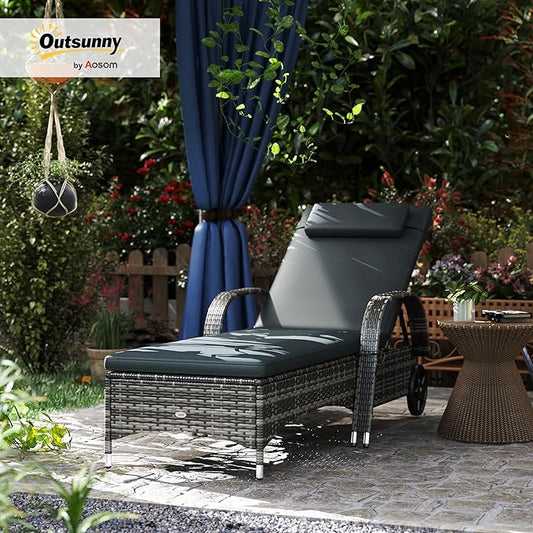 Outsunny Wicker Outdoor Chaise Lounge, 5-Level Adjustable Backrest PE Rattan Pool Lounge Chair with Wheels, Cushion & Headrest, Mixed Gray and Charcoal Black