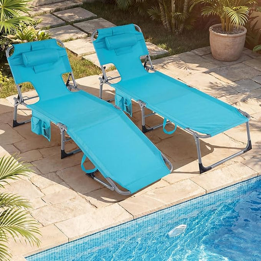 Giantex Face Down Tanning Chair, Folding Beach Lounge Chair w/ 4-Position Adjustable Backrest, Outdoor Sunbathing Lounge Chair w/Face Arm Holes & Storage Pocket for Patio Deck Poolside (2, Turquoise)