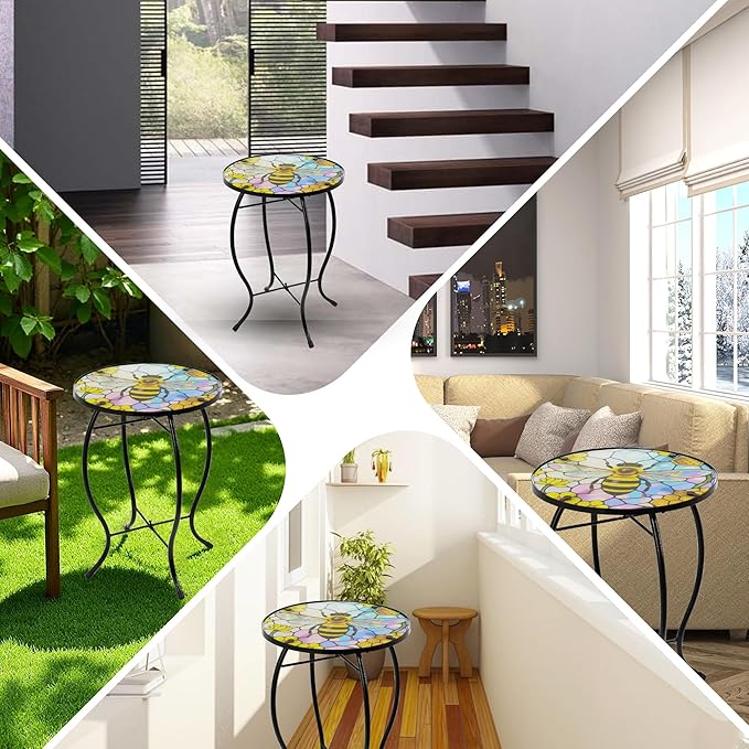 Small Side Table with Metal Frame, 10.5" Round Side Tables with Bee Pattern,Outdoor Table for Balcony,Terrace,Garden,Living Room
