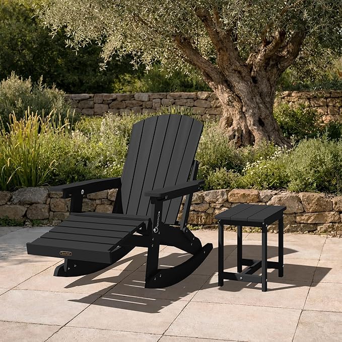 Adirondack Rocking Chair with Retractable Ottoman Set of 2, 4-in-1 Foldable Reclining Patio Chair, HDPE Wood-Look Outdoor Rocker for Porch, Garden & Poolside, Black