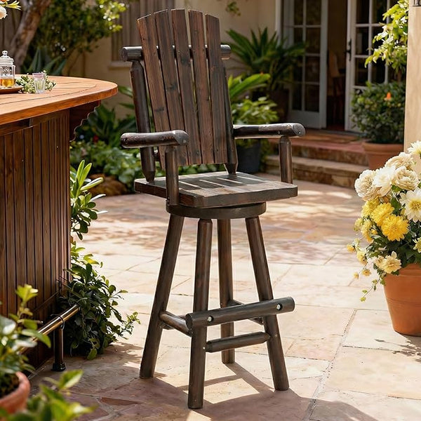 HOMEDIARY Outdoor Solid Wood Swivel Bar Stool, Oversized Rustic Patio Log Bar Height Chair with High Back and Footrest - Photo 1