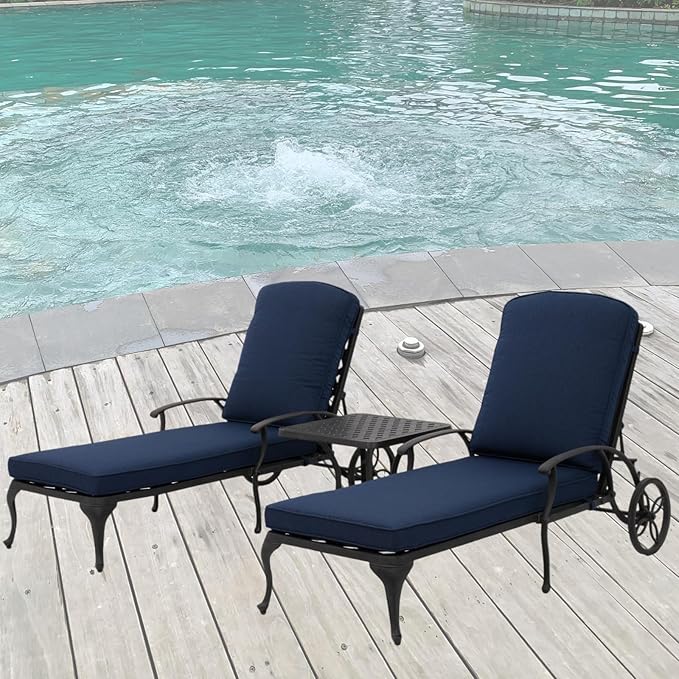 Chaise Lounge Outdoor Chair with Side Table, Adjustable Reclining Rust-Resistant Aluminum Cast Poolside Chaise with Convenient Wheels, Outdoor Lounge Furniture Set of 3, (Denim Blue)