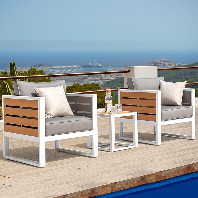 Outdoor Sofa Set, 18 Inch Square Slatted Side Table, 2 Armchairs, 4.7'' Thick Cushions and Pillows, Powder-Coated Aluminum and Imitation Wood Frame, Polyester Fabric, for Patio, Garden and Backyard