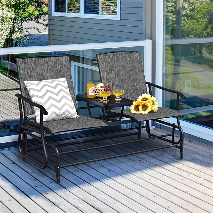Giantex Patio Bench Glider Chair with Metal Frame, Center Tempered Glass Table, Outside Double Rocking Swing Loveseat for Porch, Garden, Poolside, Balcony, Lawn Rocker Outdoor Glider Bench(Gray)