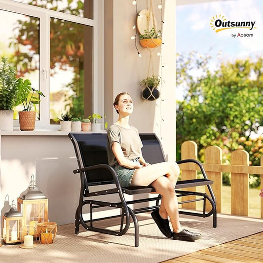 Outsunny 2-Person Outdoor Glider Bench, Patio Double Swing Rocking Chair Loveseat w/Powder Coated Steel Frame for Backyard Garden Porch, Black