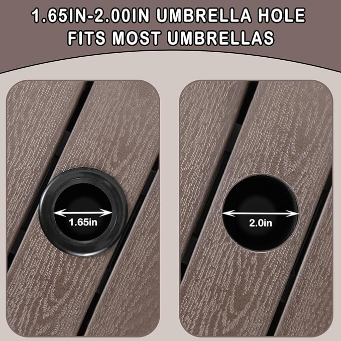 Umbrella Table with 2 Weight Bags Outdoor Patio Umbrella Side Table with Umbrella Hole Small Brown Wicker End Table for Outside Storage Coffee Table with Poly Lumber Top for Pool Garden Balcony Deck