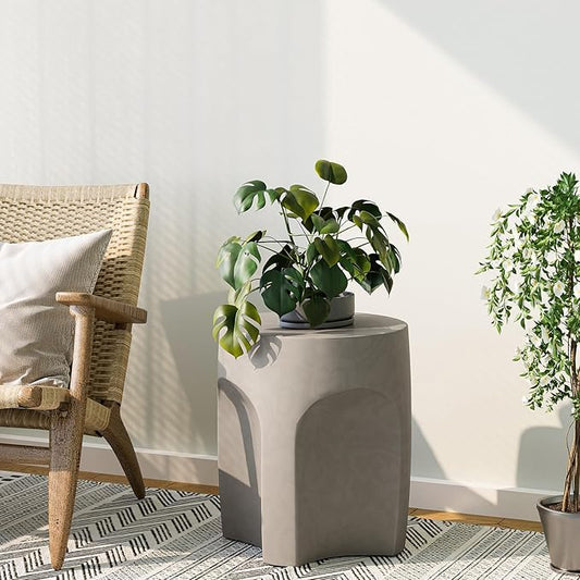 SUNBURY Outdoor Side Tables for Patio Set of 2, Concrete Accent End Table, Indoor Small Round Patio End Table, Garden Stools for Yard, Arch Shape Cement Color