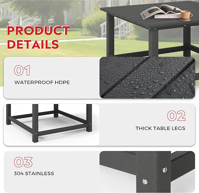 Costaelm Patio Conversation Table, Tatio Accent HDPE Outdoor Weather Resistant, Square Outdoor Porch Balcony Patio Drink Table for Outside, Pool, Backyard, Gray