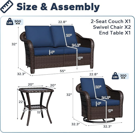 4 PCS Outdoor Conversation Set | 55" Couch, 2 Swivel Chairs, 1 Side Table, Patio Wicker Conversation Furniture with Removable Cushions for Bistro, Deck, Sunroom(Navy Blue)