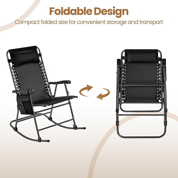 Yaheetech 26in Rocking Chair Outdoor Zero Gravity Folding Chairs Rocking Chairs Foldable Outdoor Lounge Chair for Outside Lawn with Phone Holder/Pillow Ergonomic Design for Rest, Black, Set of 2