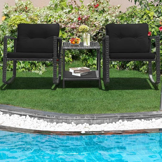 HAPPYGRILL 3-Piece Rocking Bistro Set Outdoor Patio Conversation Set with Rocking Chairs and Coffee Table, Rattan Wicker Furniture Set for Garden Lawn Backyard Balcony