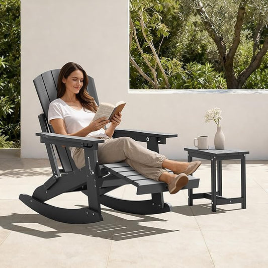 Adirondack Rocking Chair with Retractable Ottoman Set of 2, 4-in-1 Foldable Reclining Patio Chair, HDPE Wood-Look Outdoor Rocker for Porch, Garden & Poolside, Grey