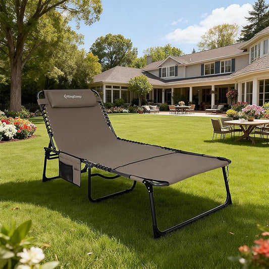 KingCamp Tanning Chair with Face Hole, Lounge Chairs Outdoor Folding Comfy Adjustable 5-Position Lay Flat Foldable Chaise Chaser Lounger for Outside Beach Patio Sun Bathing Pool, Beige