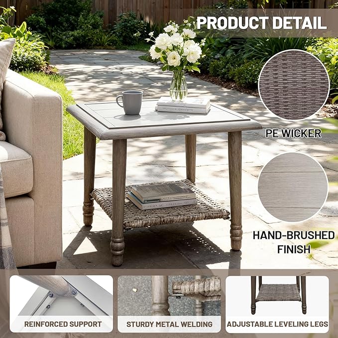 Wicker Outdoor Side Table with Storage, Small Square Patio Side Table for Porch Balcony Deck Garden Poolside(1PC)