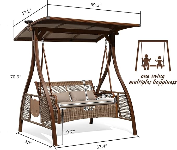 PURPLE LEAF Patio Porch Swing Chair with Canopy 2 Person Hand-Woven Wicker Outside Glider w/Solar LED Light and Cushions for Backyard Loveseat Bench Outdoor Hamock Swinging Chairs