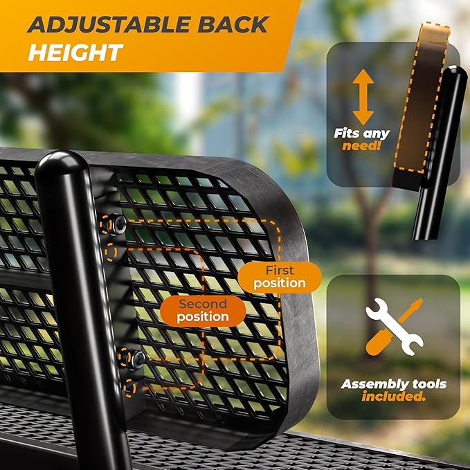 Heavy-Duty Outdoor Metal Bench, Thermoplastic-Coated, Surface, Weatherproof, Commercial-Grade for Parks, Gardens, Patios, Stores & More (8 Ft - Surface with Back, Black)