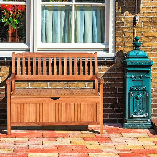 LDAILY 33 Gal Outdoor Storage Bench, Eucalyptus Multi-Functional Deck Box with 800 lbs Heavy Duty Capacity, Removable Liner, Patio Storage Bench for Garden, Poolside, Front Porch, Entryway