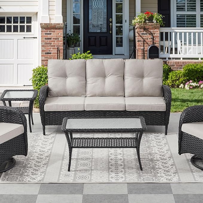 Belord 38 Inch Outdoor Coffee Table with 2 Tier Storage - Wicker Coffee Table with Water Ripple Texture Tempered Glass Top, All Weather Patio Coffee Table for Deck Porch Balcony Garden Black