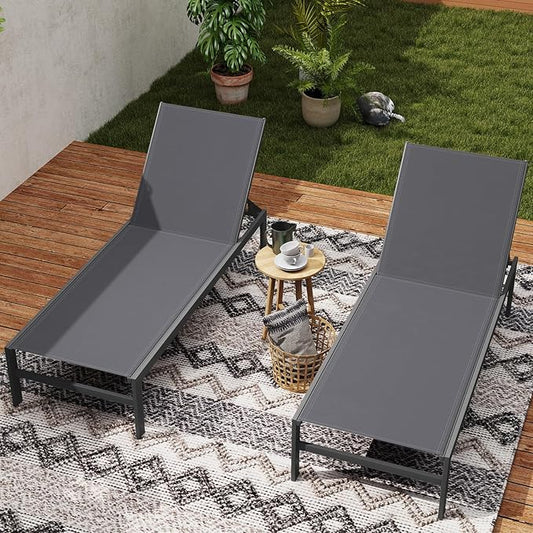 HAPPYGRILL Aluminum Chaise Lounge Chair, Heavy-Duty Patio Recliner W/ 6-Level Backrest & Breathable Fabric, Outdoor Lightweight Reclining Lounge Chair for Backyard, Poolside, Porch (2, Grey)