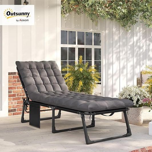 Outsunny Chaise Lounge Chair Outdoor, 5-Position Reclining Pool Lounge Chair with Cushion, Side Pocket, Headrest, Folding Lounger Tanning Chair Camping Cot for Patio, Beach, Dark Gray