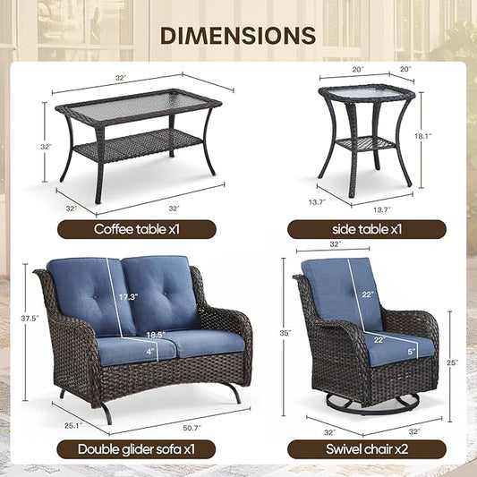 Patio Loveseat Glider Set, Resin Wicker Loveseat Glider with 2 Swivel Patio Chiars Coffee Table and Side Table, 5 Piece Patio Furniture Set Loveseat Set, Brown Wicker|Blue Cushions
