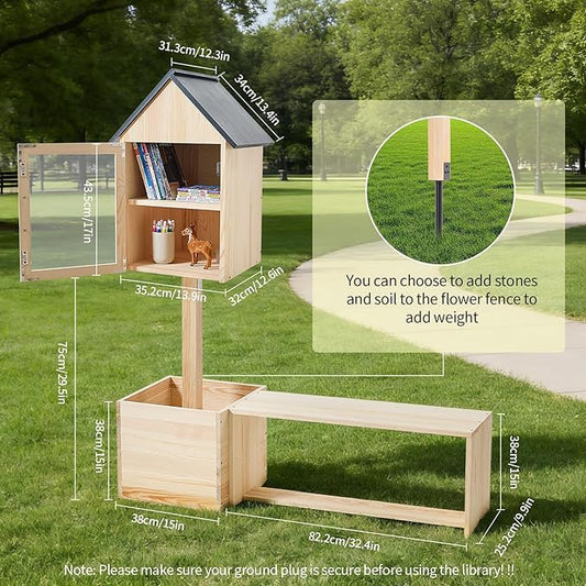 3-in-1 Outdoor Library Book Exchange Box with Bench & Planter Solid Pine Wood DIY Neighborhood Share Box Ground Mount Kit for Garden, School, Community