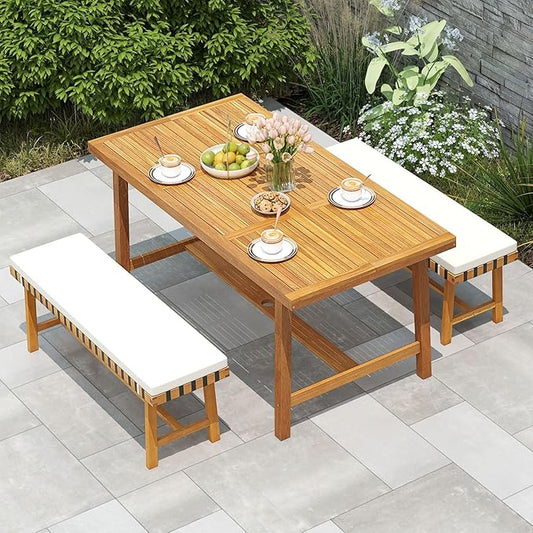 Tangkula Acacia Wood Outdoor Bench with Padded Cushion, 48" Long Dining Bench with Washable Zippered Cover, Backless Wooden Entryway Bench, Garden Poolside Porch Balcony Deck Indoor Furniture (2)
