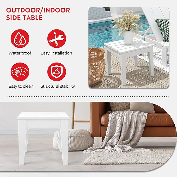Costaelm 3 piece Patio Set, Outdoor Table and Chairs Set of 3, 3-Piece HDPE Garden Chair with Square Adirondack Side Table, Porch Chairs Coffee Table for Outside Porch Backyard, White