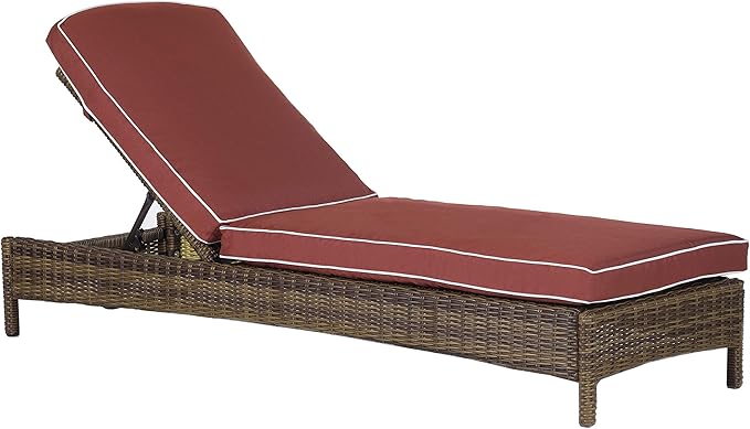 Crosley Furniture Bradenton Reclining Wicker Outdoor Chaise Lounge Chair for Patio, Deck, Backyard, Poolside, Brown with Sangria Cushions