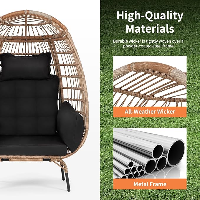 PayLessHere Egg Chair Egg Basket Rattan Chair Steel Frame Oversized Indoor Outdoor Lounger Simple Installation with 4 Comfort Cushion and Stand,352lb Capacity for Patio Garden Living Room,Black