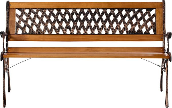 Gardenised QI003462L Outdoor Classical Wooden Slated Park Bench, Steel Frame Seating Bench for Yard, Patio, Garden, Balcony, and Deck