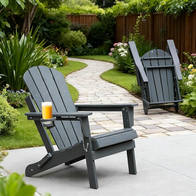 KORZEY HDPE Folding Adirondack Chair with Dual Cup Holder, Composite Adirondack Chair with Wood Texture (Gray, Set of 1)