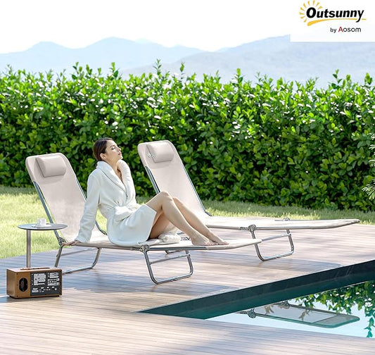 Outsunny 2 Piece Folding Chaise Lounge Chairs, Pool Sun Tanning Chairs with Reclining Back, Breathable Mesh Seat, Headrest for Beach, Yard, Patio, Cream White