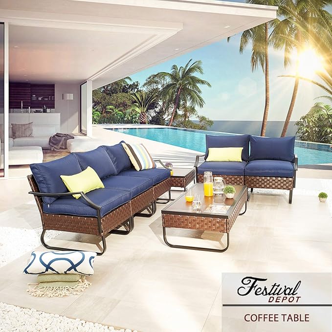 Festival Depot Patio Coffee Table Rectangle Wicker Rattan Table with Wood Grain Desktop and U Shaped Legs All Weather Outdoor Furniture for Garden Bistro 47.2"(L) x 23.6"(W) x 13.7"(H)
