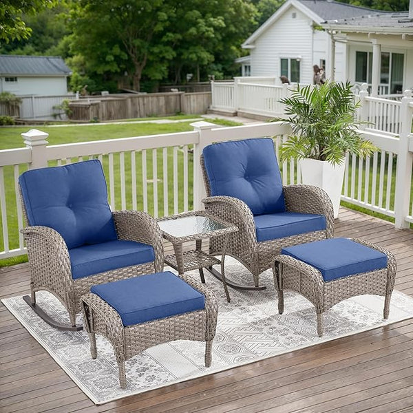 Belord 5 Piece Patio Rocking Chairs Furniture Set - Outdoor Wicker Furniture with Ottomans and Side Table - Photo 1