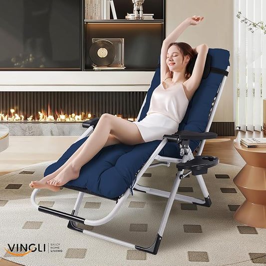 VINGLI Padded Zero Gravity Chair, Lounge Chair with Removable Cushion & Tray, Folding Reclining Patio Chairs, Recliner Chair for Lawn,Indoor and Outdoor-Blue