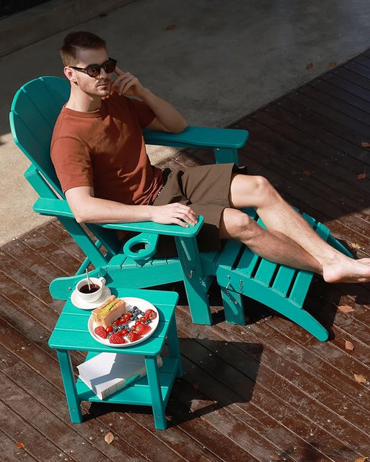 Folding Adirondack Chair Wood Texture, Patio Chairs Weather Resistant, Outdoor Chair, Lawn Chair with Cup Holder, Fire Pit Chair for Deck, Outdoor, Porch, Backyard(Lake Blue)