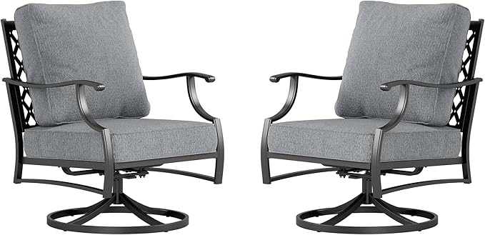 Metal Outdoor Swivel Patio Chairs Set of 2 with 5.75" Extra Thick Cushion, 2 Piece High Back Swivel Rocker Patio Chairs Outdoor Furniture Seating for Deck Balcony Front Porch, Gray