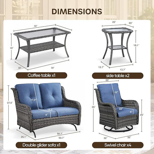 Patio Loveseat Glider Set, Resin Wicker Loveseat Glider with 2 Swivel Patio Chiars Coffee Table and Side Table, 5 Piece Patio Furniture Set Loveseat Set, Grey Wicker|Blue Cushions