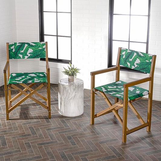JONATHAN Y DRC1001A-SET2 Cukor Classic Vintage Outdoor Acacia Wood Folding Director Chair with Canvas Seat Mid-Century, Modern, Traditional, Classic, Coastal, Green Leaf/Teak Brown (Set of 2)