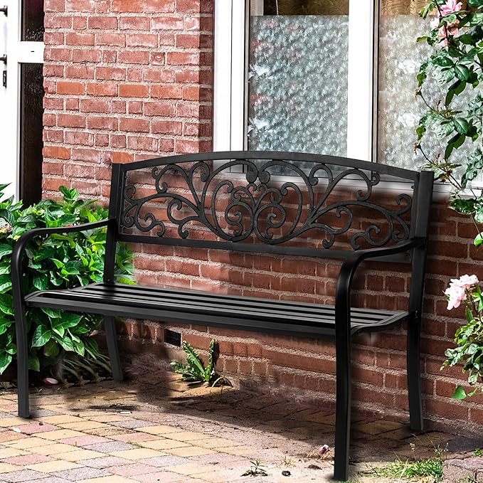 VINGLI Outdoor Bench, Metal Frame Garden Bench with PVC Floral Back Pattern and Slatted Seat, Black Patio Benches for Front Proch Entryway Park