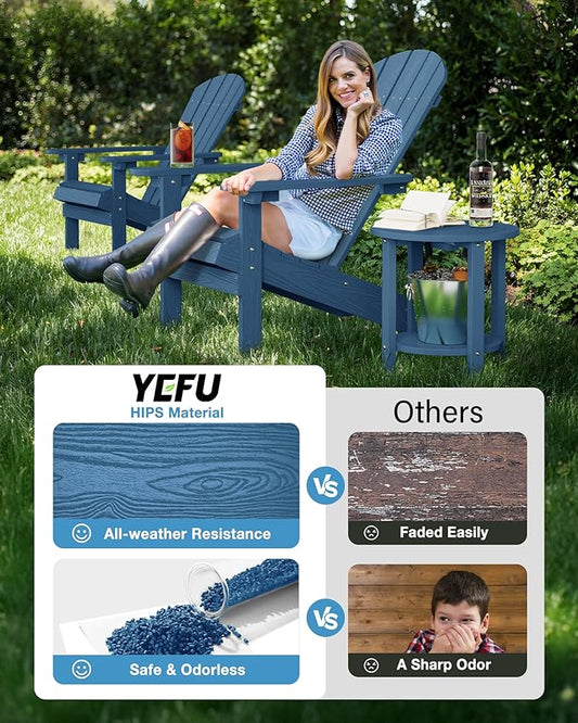 YEFU 3-Piece Adirondack Chair and Table Set: Outdoor Lounge Furniture Set - Outdoor Chair Plastic Weather Resistant with Wide Armrests for Patio Lawn Pool Porch Garden(Navy