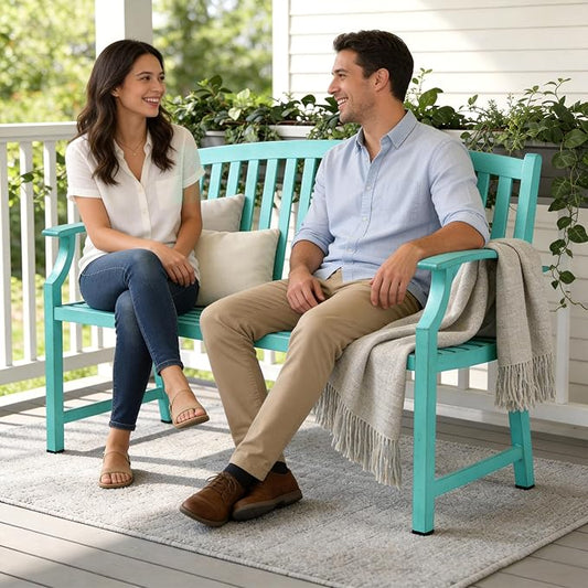 Grand patio 52" Farmhouse Outdoor Bench, Garden Benches with Anti-Rust Aluminum Powder Coated Frame, Faux Wood Grain Finish Frame Patio Bench for Front Porch, Turquoise Blue