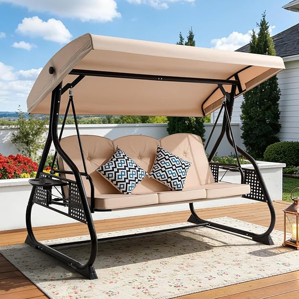 3 Seat Outdoor Porch Patio Swing with Adjustable Canopy& Backrest, Outdoor Swing for Adults - Photo 1