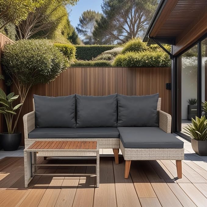 Quarte 3 Piece Outdoor Patio Wicker Sectional Sofa,L-Shaped Seating Group Conversation Sets with Acacia Wood Table for Porch Lawn Garden Backyard Poolside