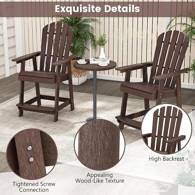 Giantex Tall Adirondack Chair Set of 2, HDPE Outdoor Bar Stools with Armrests, 4.5” Wide Footrest, Patio Adirondack Barstools, All-Weather Balcony Chairs for Poolside, Garden, Backyard (2, Brown)