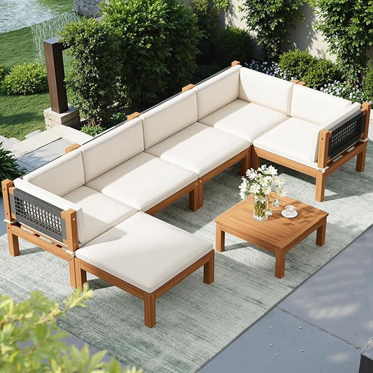 Devoko 7 Piece Acacia Wood Patio Sofa, Outdoor Sectional Coach and Love Seat with Coffee Table, Acacia Wood Patio Furniture Set for Balcony,Porch,Garden