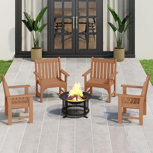 Costaelm Outdoor Dining Arm Chair, Patio HDPE Garden Dining Table Chair, Poly Lumber Waterproof Restaurant Bistro Farmhouse Chairs for Outside Porch Backyard, Teak