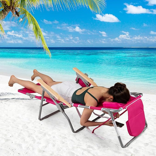 Goplus 3-in-1 Foldable Beach Chair, Lay-Flat Tanning Chair with Face and Arm Holes, Footrest, 330 lbs Heavy-Duty Portable Reclining Lounge Chairs for Outside, Camping, Patio, Poolside, Lawn (2,Red)