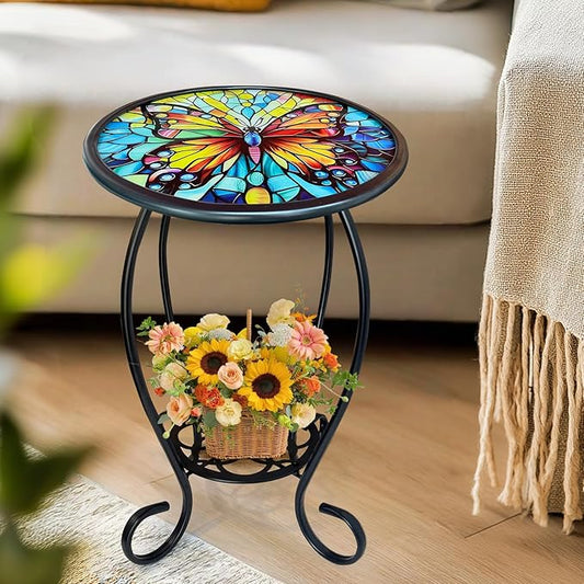 LIFFY Outdoor Side Table, 14" Round Mosaic Patio Table with Glass Butterfly Tabletop, 21" Height 2-Tier Indoor Small Decorative Plant Stand & End Table with Metal Frame for Home, Garden, Yard